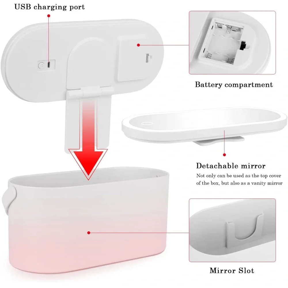 Travel Makeup Box with LED Light Mirror Plastic Cosmetic Case  (Gradient Pink)